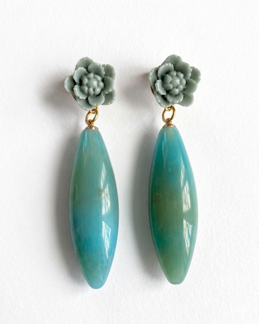 Pendientes Vela flor gris verde gota turquesa artesanales Hanalima