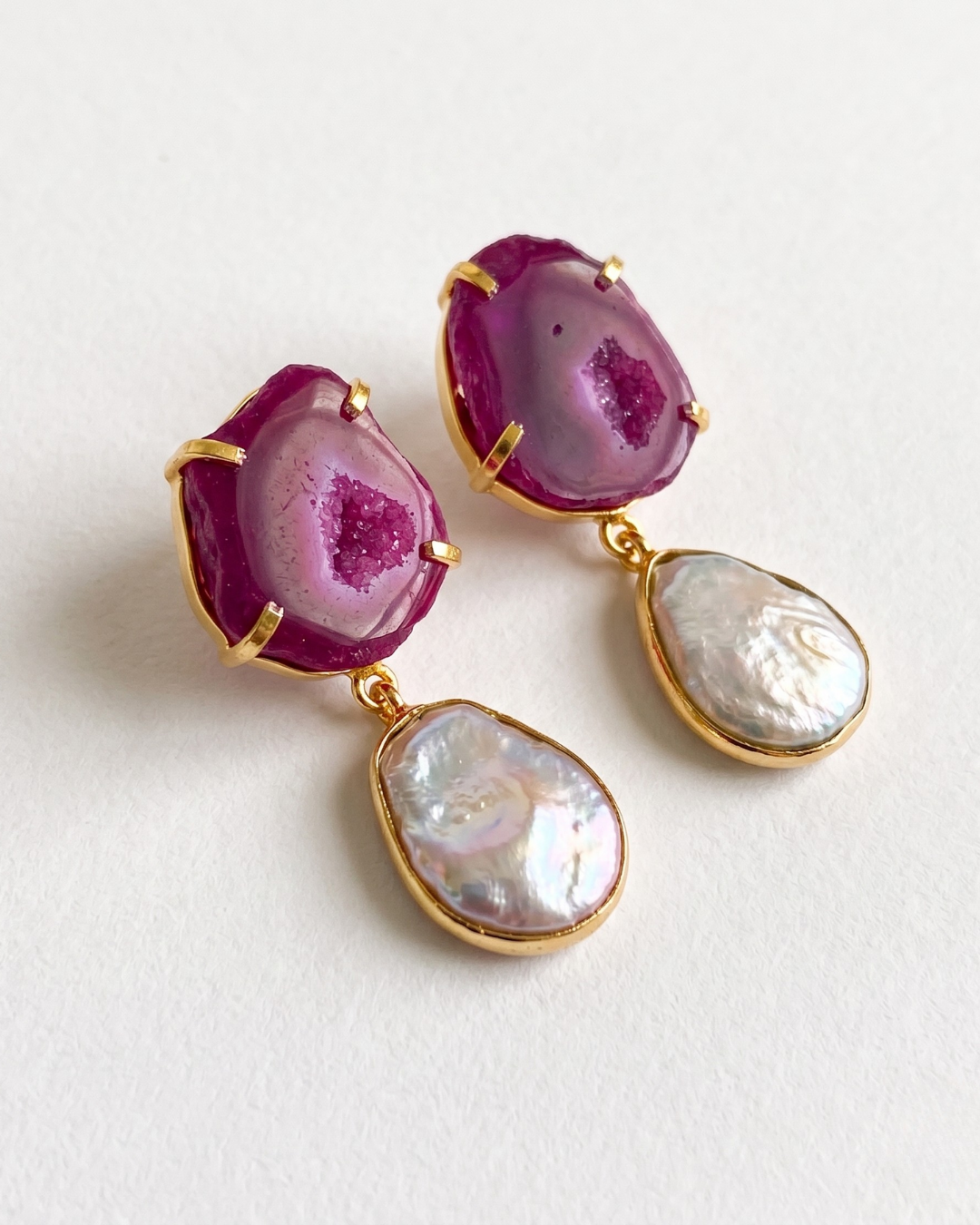 Pendientes Zarza druzy rosa fucsia perla natural artesanales boda Hanalima