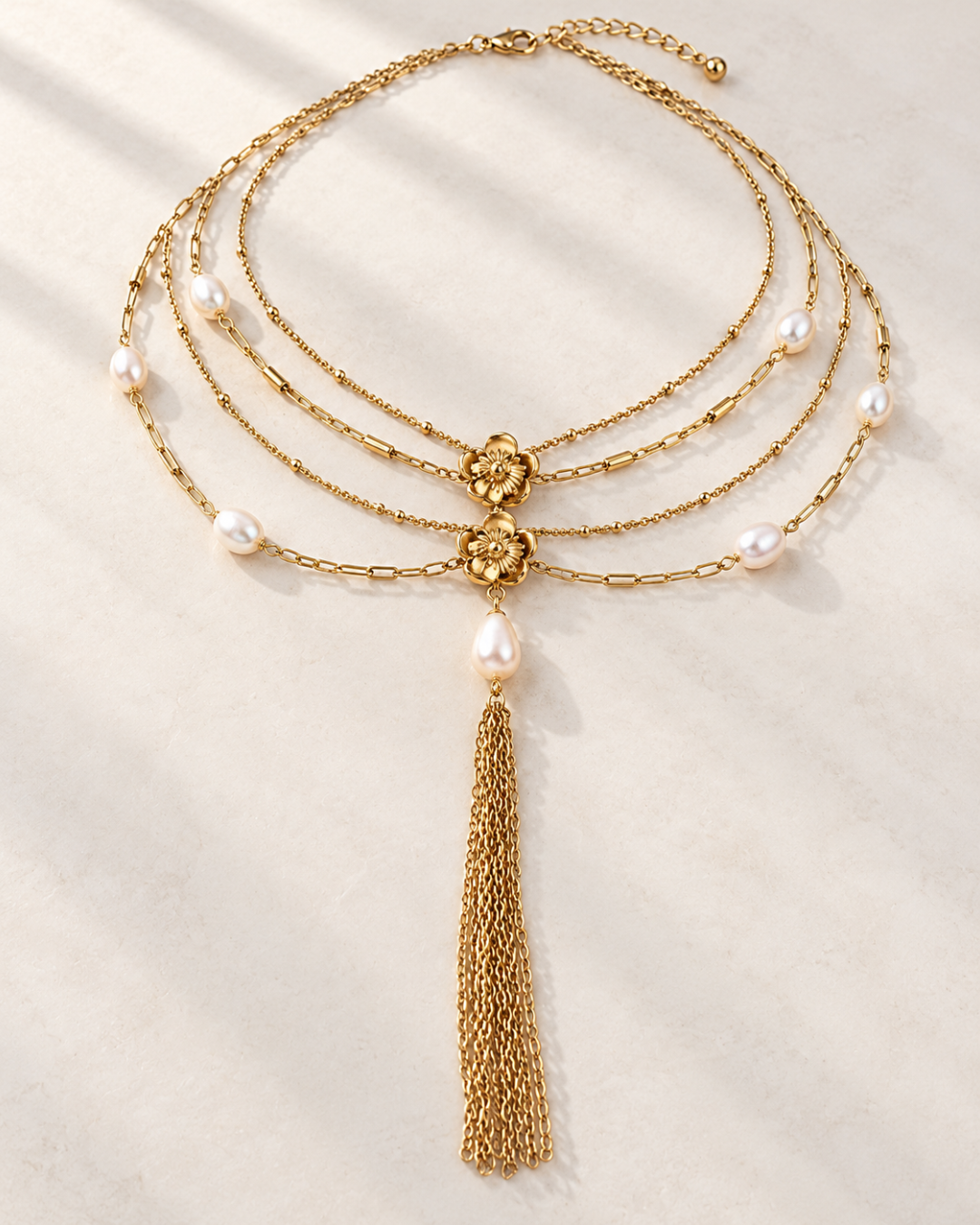 Collar Victoire de Hanalima: collar en capas con perlas y borla dorada