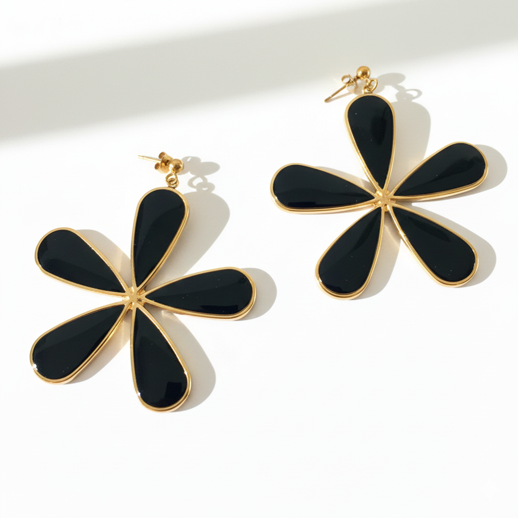 Pendientes Ilima Negro flor XL artesanales arcilla polimerica pendientes grandes Hanalima
